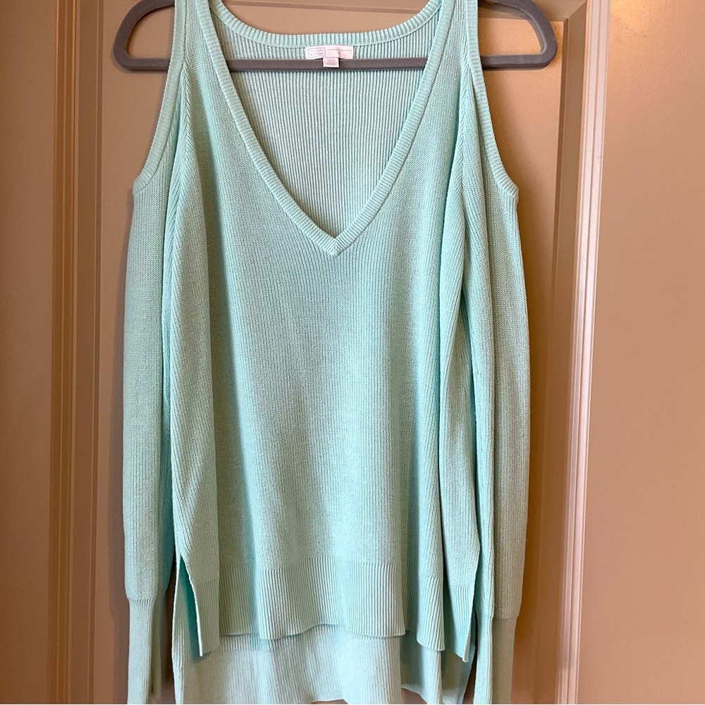 Turquoise Blue Ribbed V-neck Shoulder Cutout Sweater
